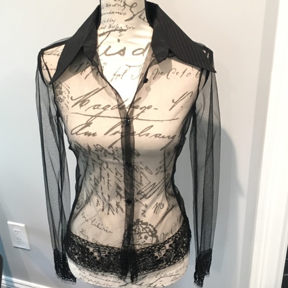 Hale Bob Sheer Black Button-Down Top - Picture 9 of 16